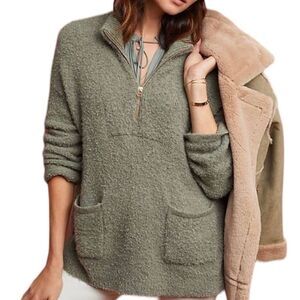 Anthropologie Sleeping on Snow Clarington Sweater Half Zip Green Wool Alpaca SM